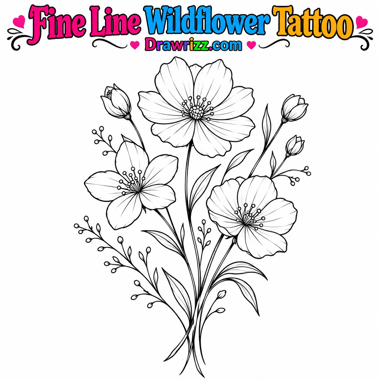 15 Tattoo Sketch Drawing Ideas for Creative Beginners Fine Line Wildflower Tattoo pencil sketch featuring three delicate blossoms, slender stems, pointed leaves and clean floral line art.