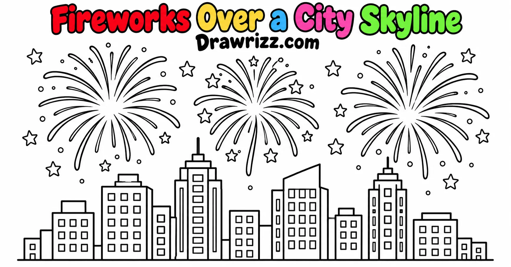 New Year Drawing Ideas featuring three festive fireworks above a city skyline with buildings, stars, and black-and-white outlines.