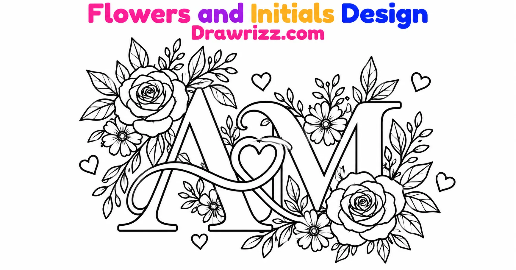 Anniversary drawing ideas featuring floral initials with roses, daisies, leaves, tiny hearts and clean black-and-white line art.