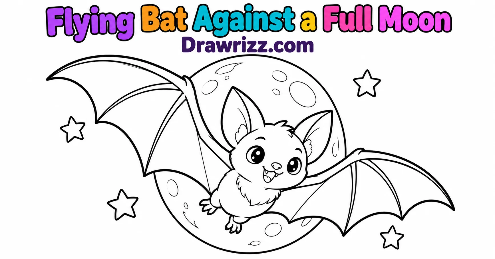 15 Bat Drawing Ideas for Cute and Easy Sketches Bat Drawing Ideas featuring a cute flying bat with wide wings, big eyes, and tiny feet in front of a full moon, surrounded by stars.