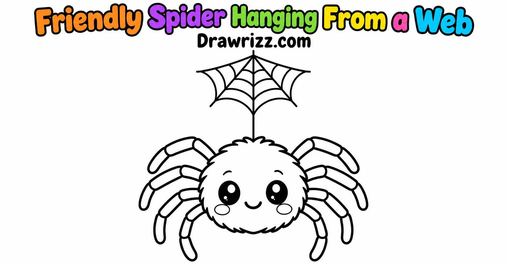 Halloween Doodle Ideas featuring a cute smiling spider with eight legs hanging from a web in easy black-and-white coloring page art.