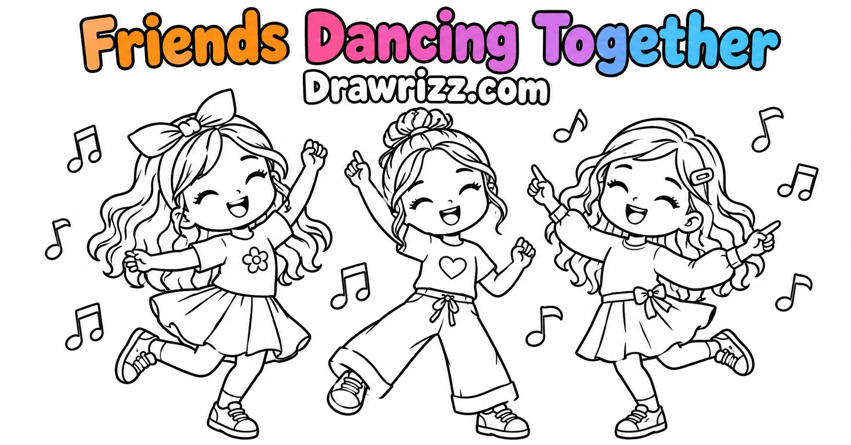 Party Drawing Ideas featuring three happy friends dancing together with music notes, cheerful poses and cute black-and-white outlines