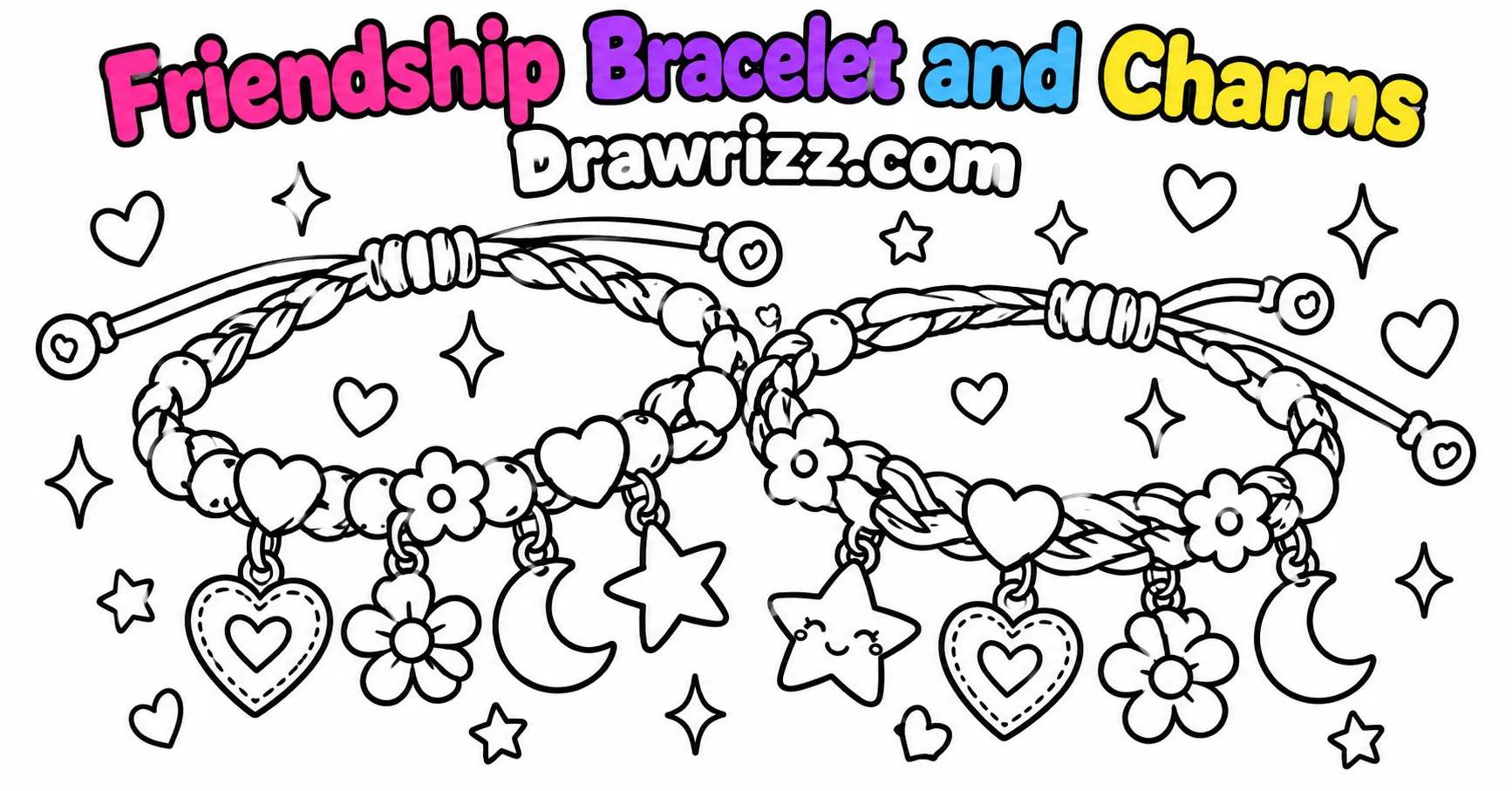 Gift drawing ideas featuring matching friendship bracelets with heart, flower, moon and star charms, plus cute sparkles to color