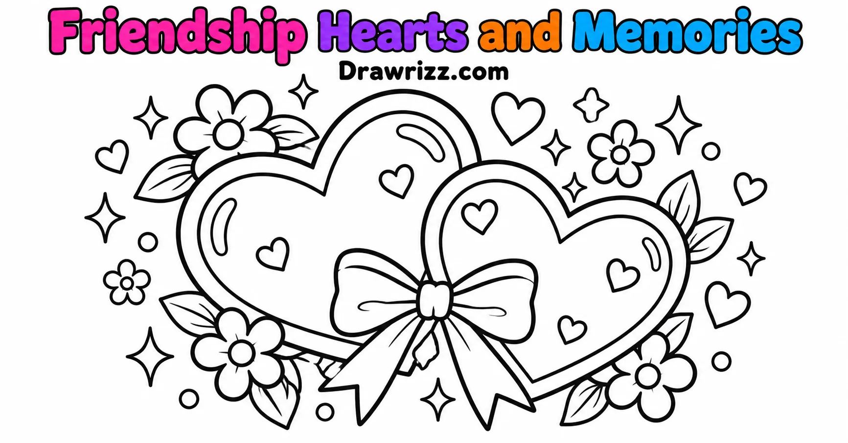 Gift Drawing Ideas featuring friendship hearts with flowers, stars, sparkles and a cute bow in simple black-and-white line art.