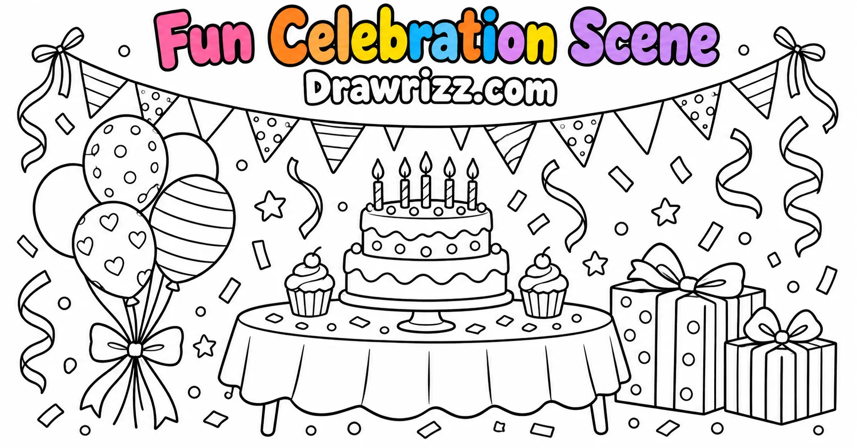 Party Drawing Ideas featuring a fun celebration scene with birthday cake, balloons, gifts, cupcakes, bunting and festive confetti.