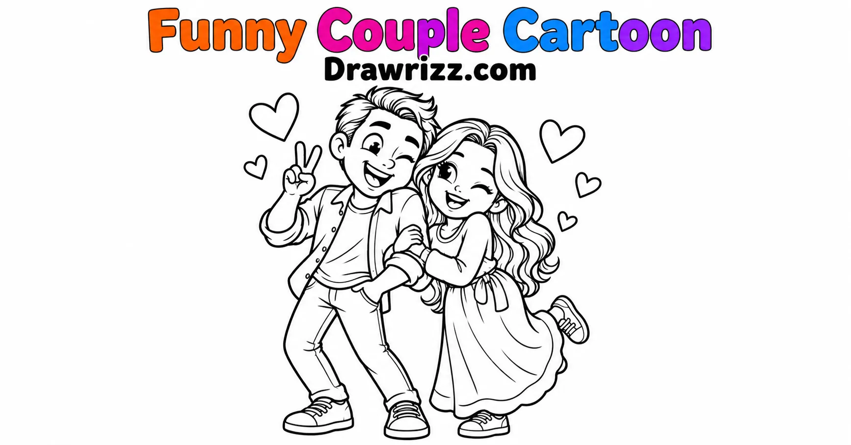 Anniversary drawing ideas with funny happy couple cartoon, cute hearts and simple black and white line art for romantic sketches.