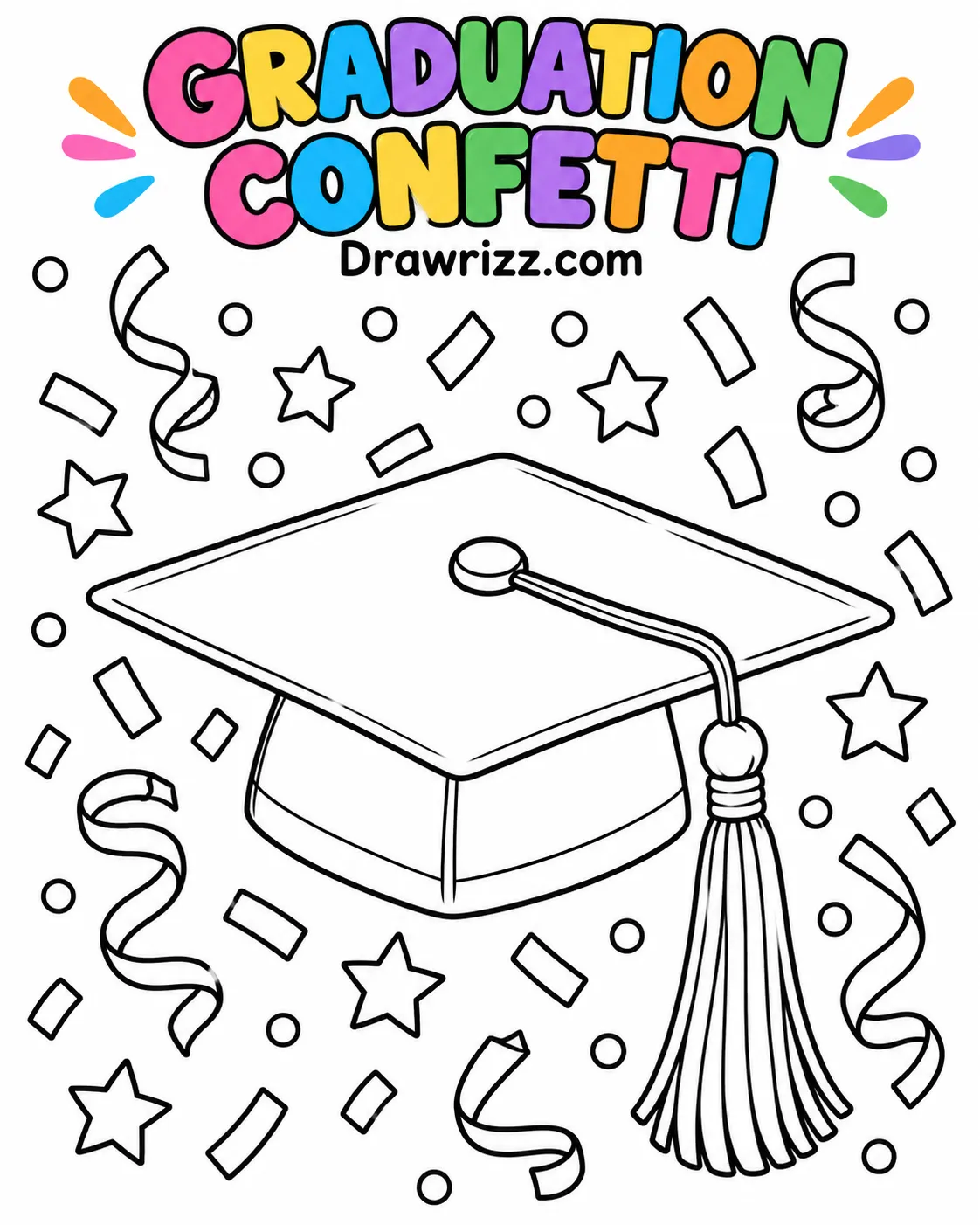 Confetti Drawing Ideas featuring a graduation cap with a tassel, surrounded by stars, curling streamers, and festive confetti