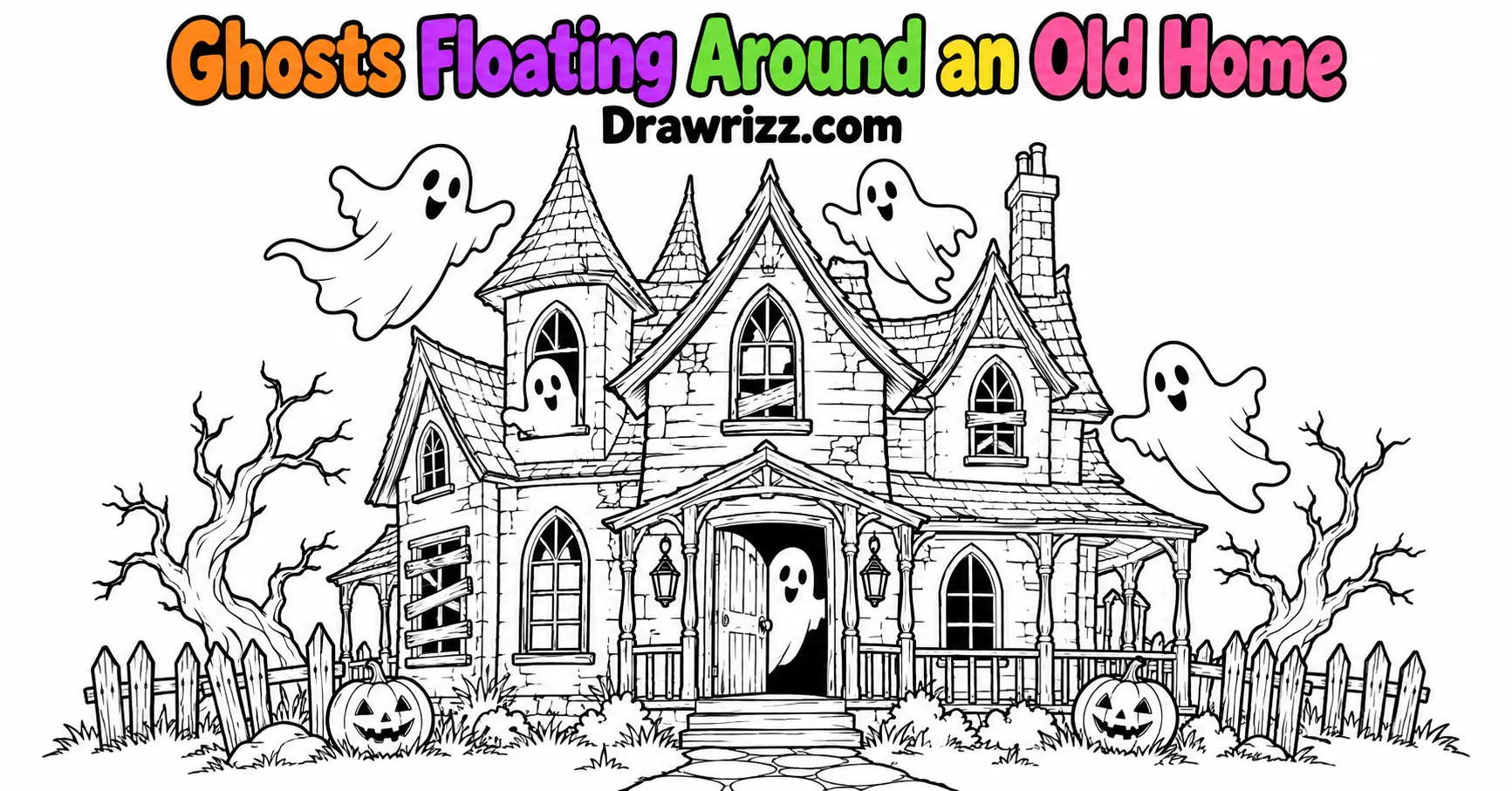 Haunted House Drawing Ideas with a crooked spooky home, floating ghosts, crisp black outlines and easy coloring page artwork