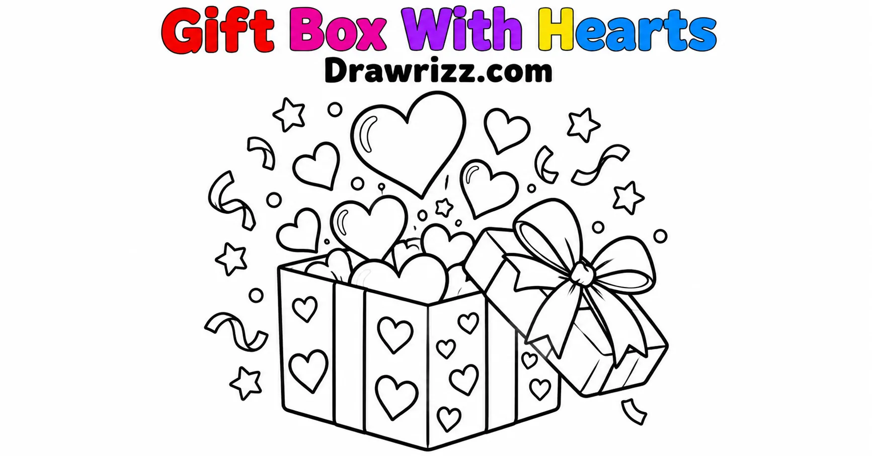 Anniversary drawing ideas with cute gift box, floating hearts, ribbon, stars and confetti in simple black and white line art