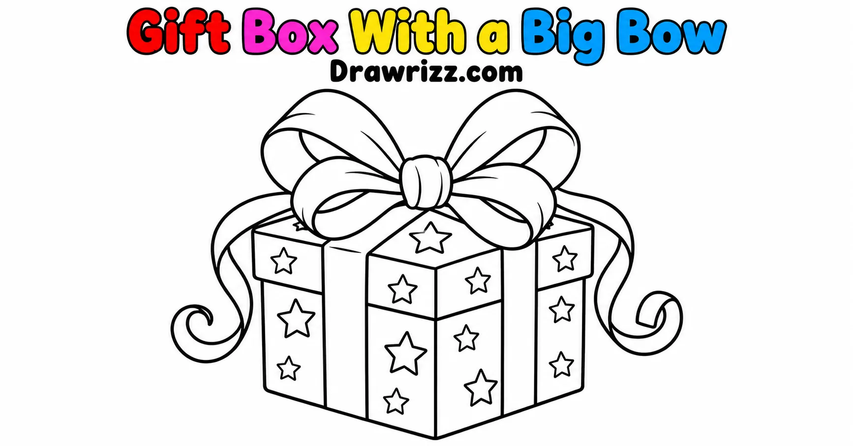 Party Drawing Ideas featuring a cute gift box with a big bow, star patterns, ribbon details and clean black-and-white outlines.