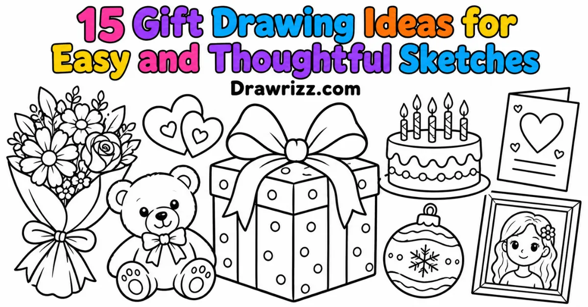 Gift Drawing Ideas featuring a present, teddy bear, flowers, birthday cake, hearts, card, ornament and framed portrait sketches.
