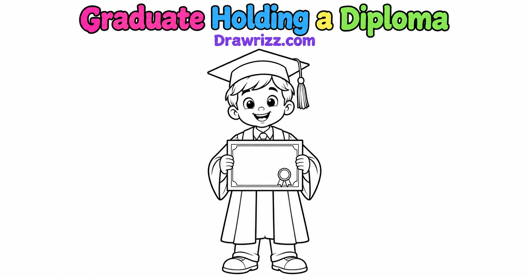 Graduation Drawing Ideas featuring a smiling graduate in a cap and gown holding a diploma certificate in black-and-white line art.