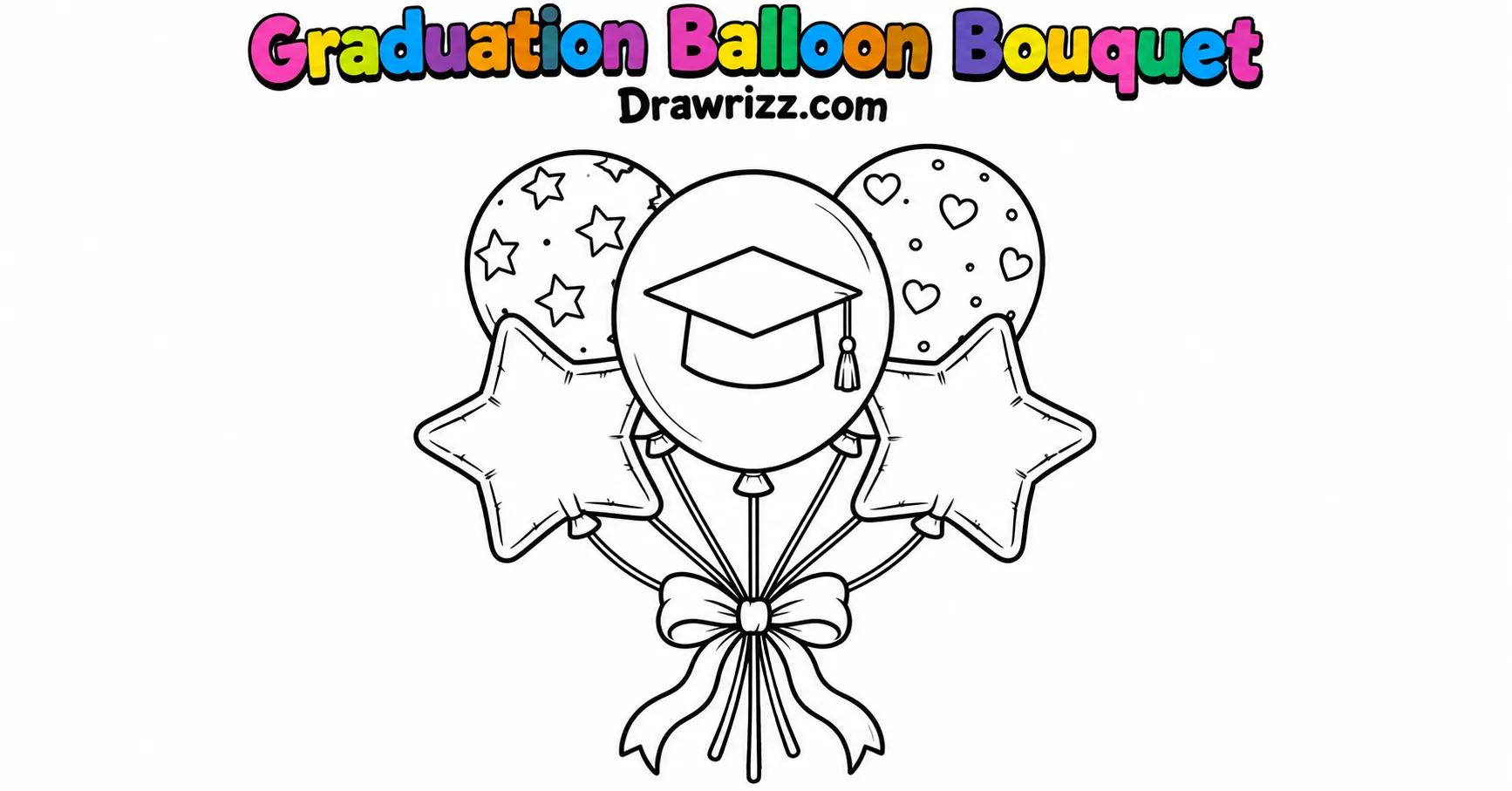 Graduation Drawing Ideas featuring five outlined balloons, star shapes, a graduation cap symbol, and a ribbon bow for coloring.