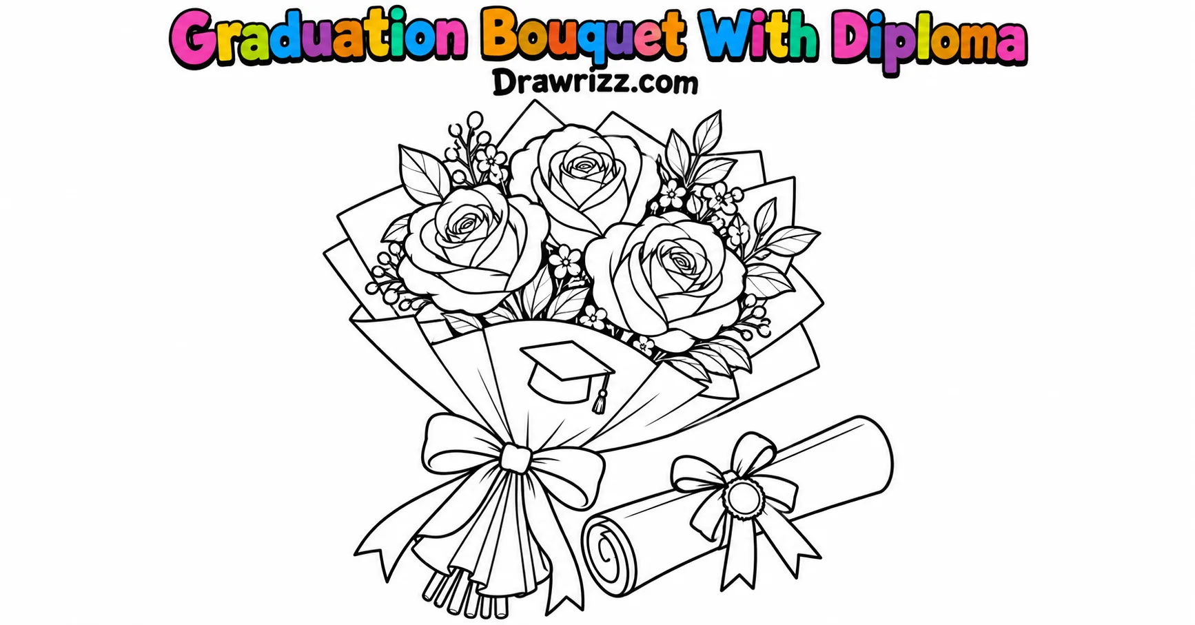 Graduation Drawing Ideas featuring a beautiful rose bouquet, graduation cap symbol, ribbon bow, and rolled diploma in black-and-white.