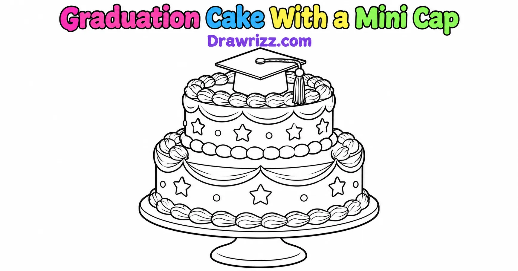 Graduation Drawing Ideas featuring a two-tier cake with stars, frosting swirls, and a mini graduation cap in black-and-white line art.