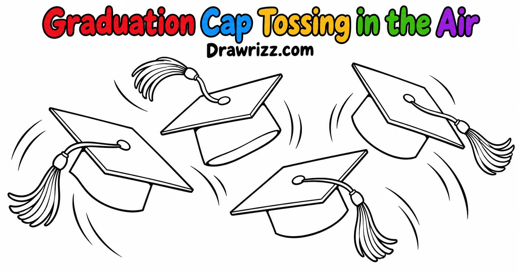 Graduation Drawing Ideas featuring four graduation caps flying in the air with tassels and motion lines in black-and-white outline art