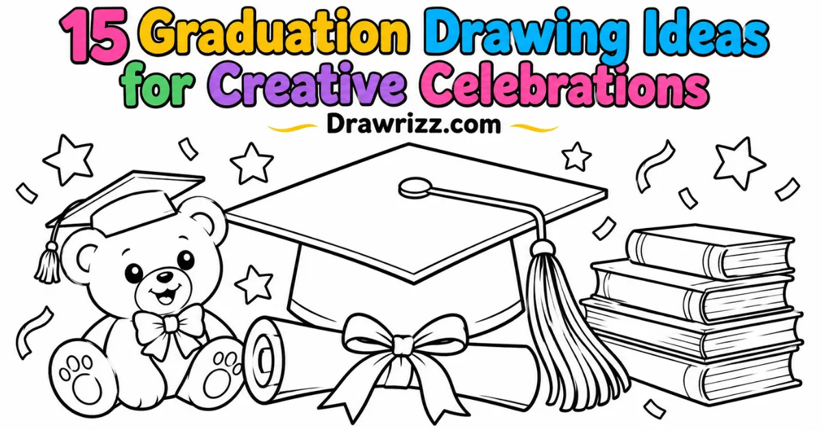 Graduation Drawing Ideas featuring a graduation cap, diploma, teddy bear, books, and festive stars in black-and-white line art.