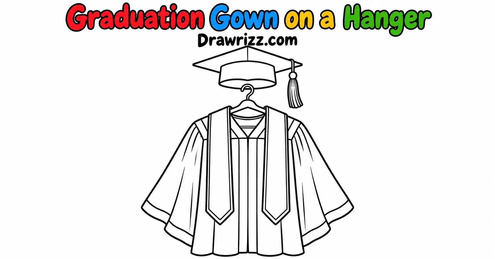 Graduation Drawing Ideas featuring a graduation gown on a hanger with an academic stole and mortarboard in black-and-white line art.