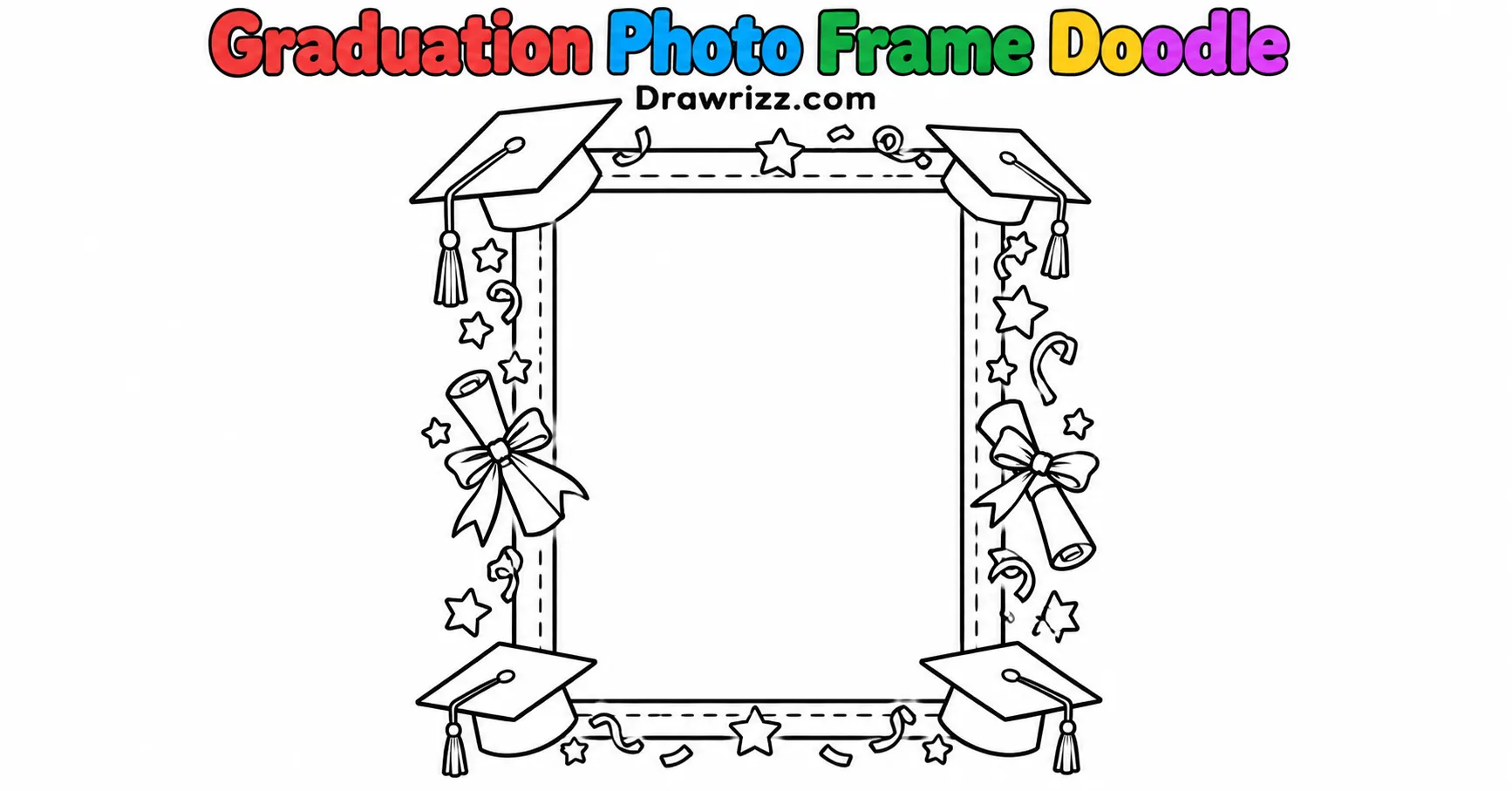 Graduation Drawing Ideas featuring a blank photo frame decorated with graduation caps, diplomas, stars, and confetti in black outlines.