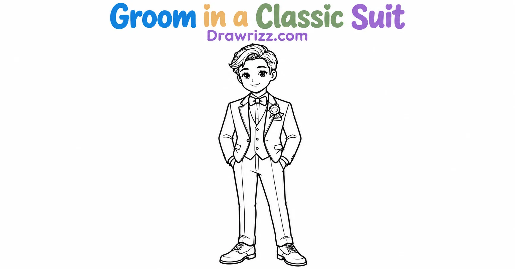 15 Wedding Drawing Ideas for Easy and Romantic Sketches Wedding drawing ideas featuring a cheerful groom in a classic suit, bow tie and boutonniere in easy black-and-white line art.