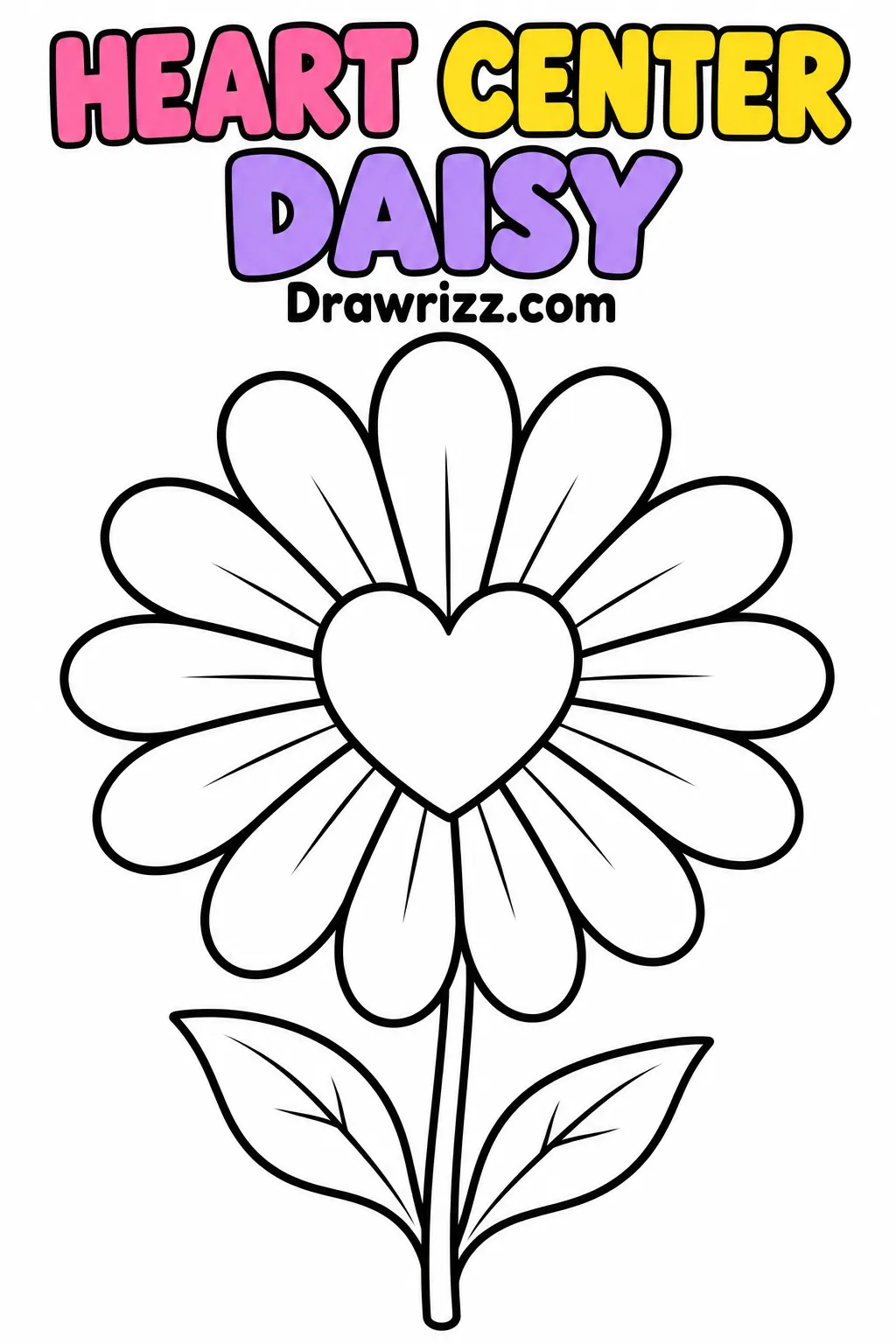 Daisy Drawing Ideas featuring a heart-centered daisy with twelve rounded petals, a slender stem and two leaves for coloring.