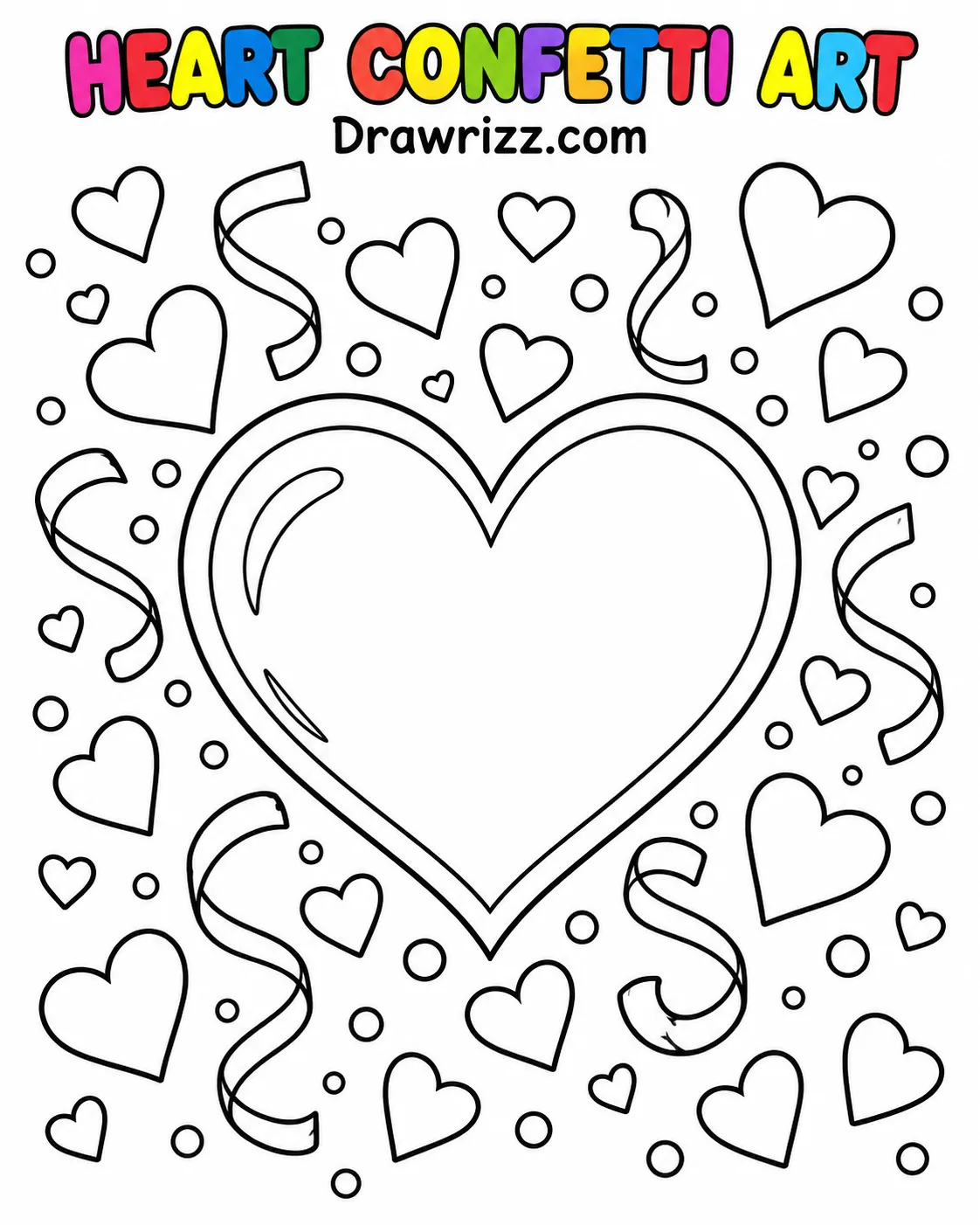 Confetti Drawing Ideas featuring a large outlined heart, floating mini hearts, curling ribbons and tiny dots in black line art.