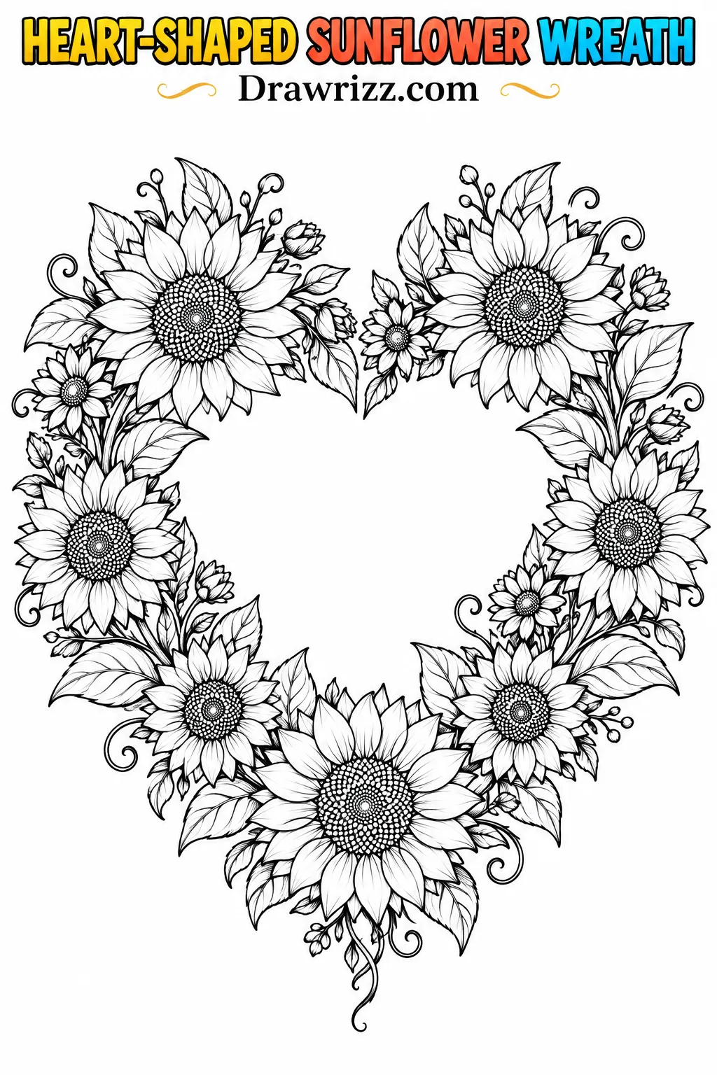 Sunflower drawing ideas featuring a heart-shaped wreath of fine blooms, delicate leaves and curling vines in black line art