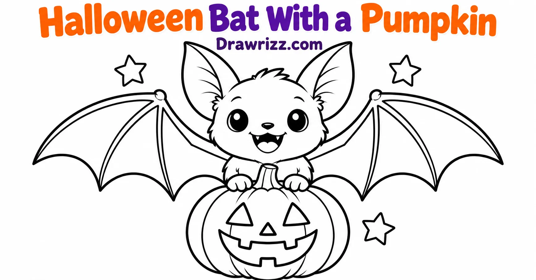 15 Bat Drawing Ideas for Cute and Easy Sketches Bat Drawing Ideas featuring a cute Halloween bat with spread wings above a smiling jack-o'-lantern, surrounded by three stars for coloring.