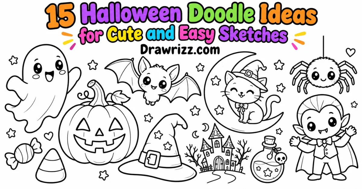 Halloween Doodle Ideas featuring cute black-and-white ghosts, pumpkins, bats, witches, cats, spiders, and spooky coloring sketches.