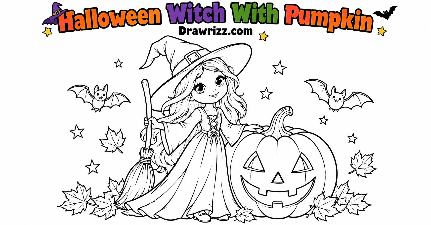 Witch drawing ideas featuring a cute Halloween witch by a carved pumpkin, with autumn leaves, stars, bats, and bold line art