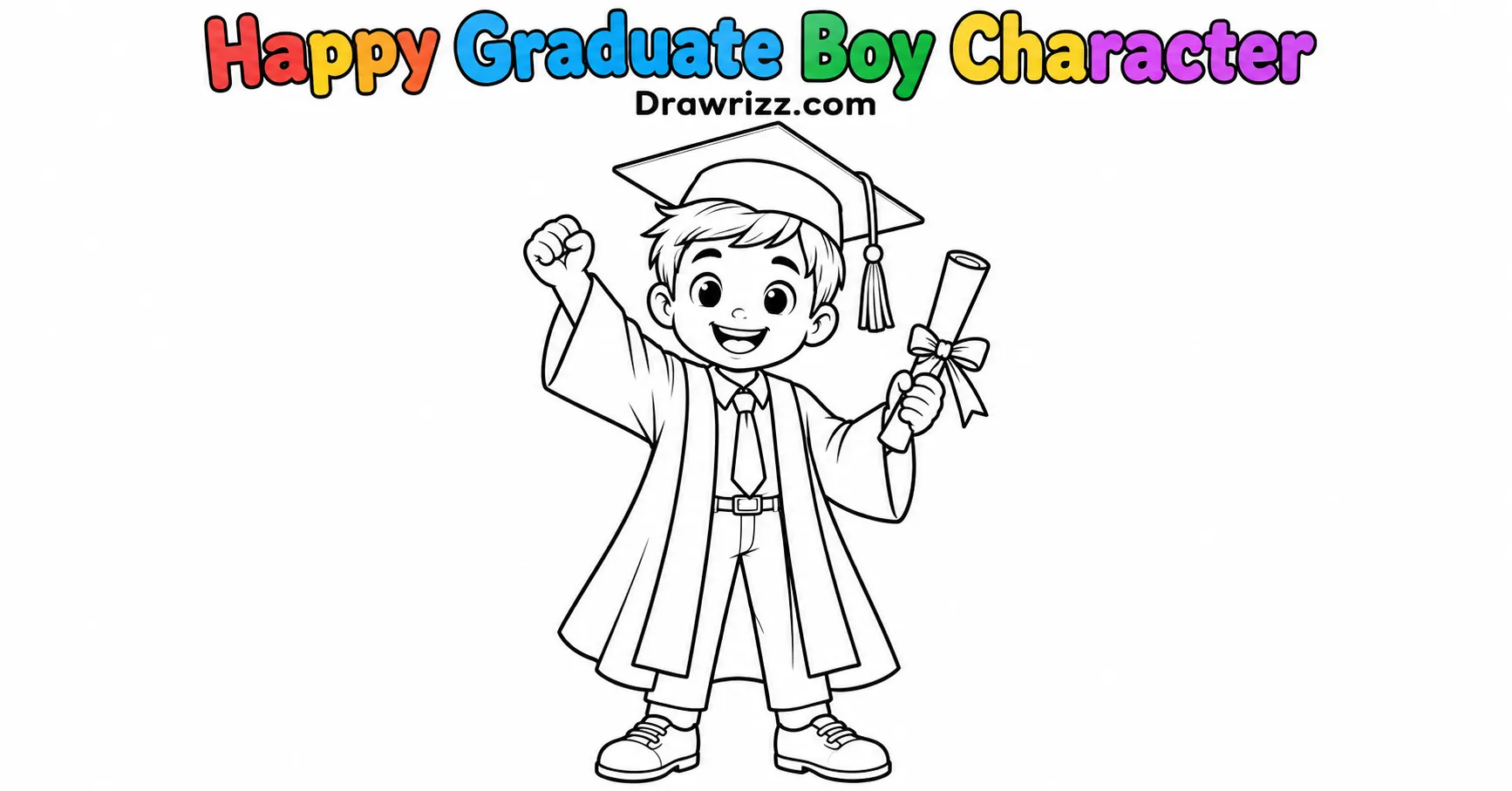 Graduation Drawing Ideas featuring a happy cartoon graduate boy in cap and gown, holding a diploma with one arm raised in celebration.