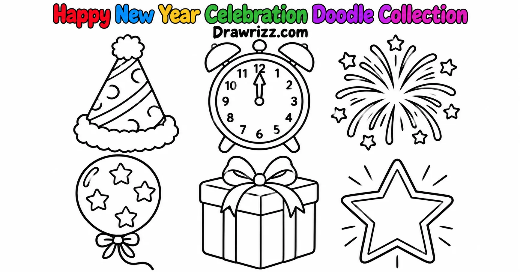 New Year Drawing Ideas featuring six festive doodles: party hat, midnight clock, fireworks, balloon, gift box, and star coloring art.