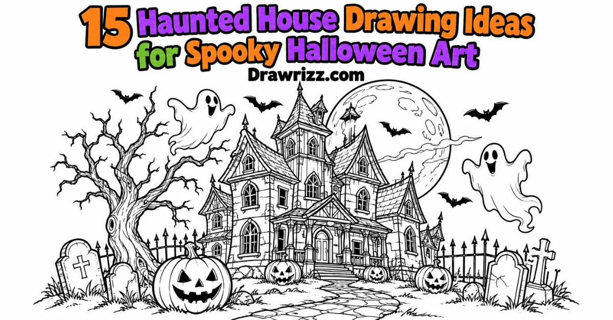 Haunted House Drawing Ideas with a spooky mansion, ghosts, bats, pumpkins, full moon, twisted tree and Halloween tombstones