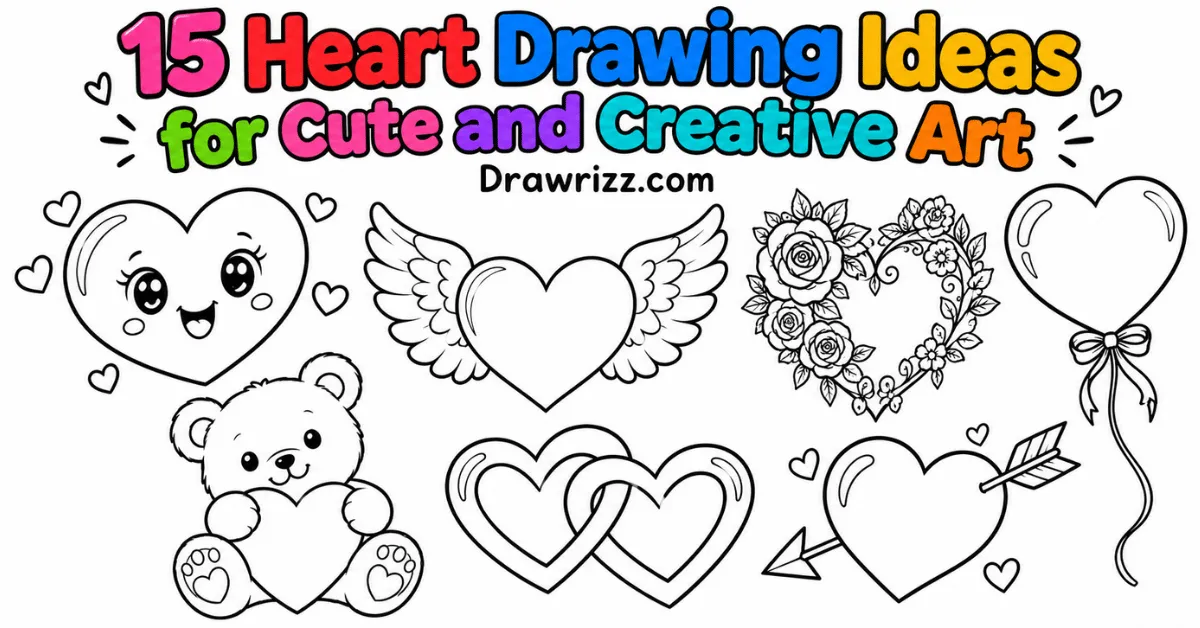 Heart Drawing Ideas featuring cute sketches, smiling hearts, angel wings, roses, teddy bear, balloons and lovely art to color