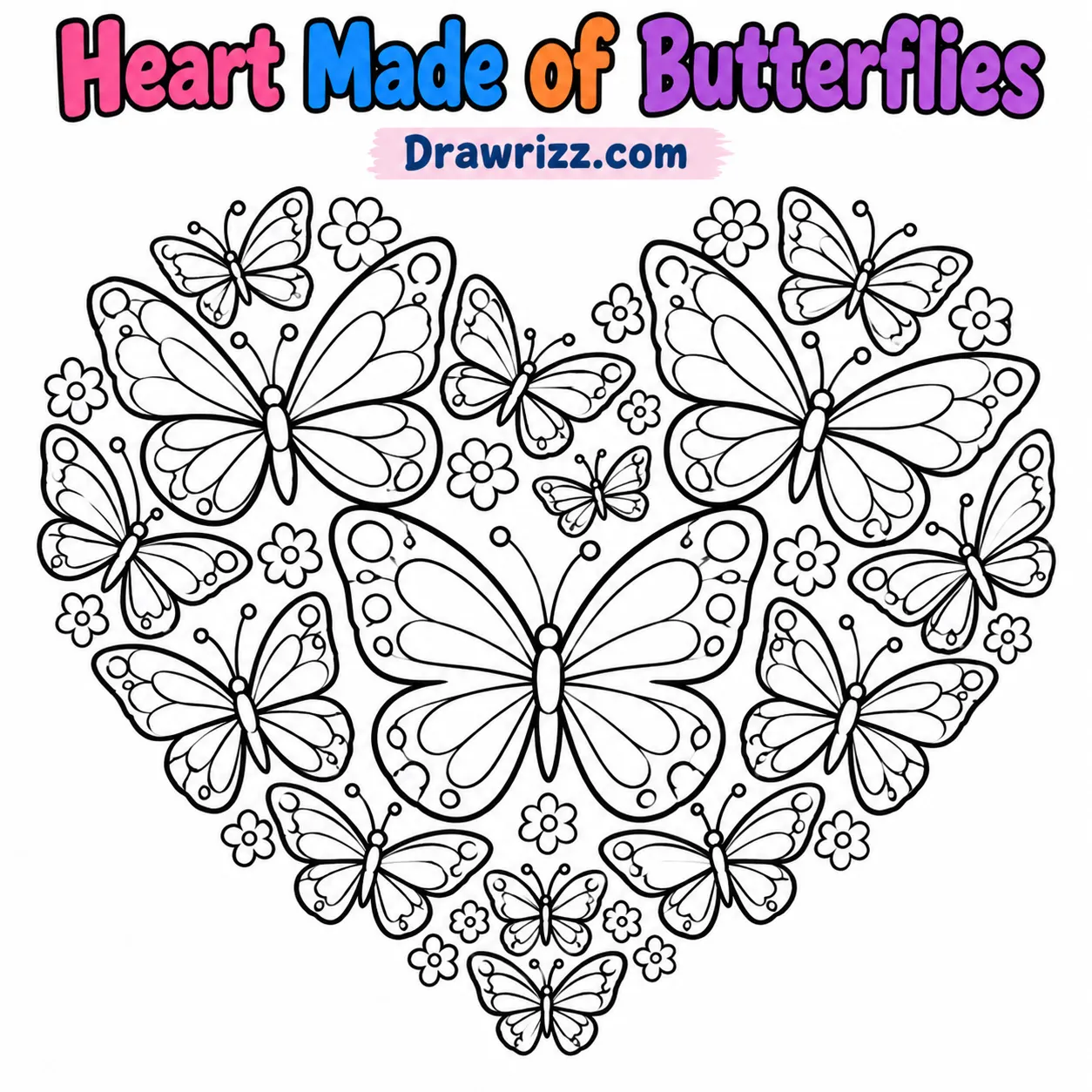 Heart Drawing Ideas featuring a butterfly heart with cute flowers and detailed wings, printable black and white coloring page