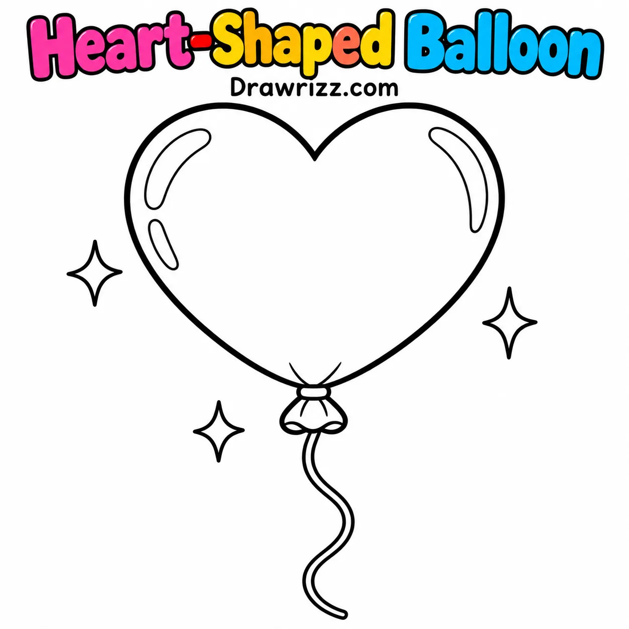 Heart Drawing Ideas featuring a heart-shaped balloon with a wavy string and sparkles, easy black and white coloring page for kids.