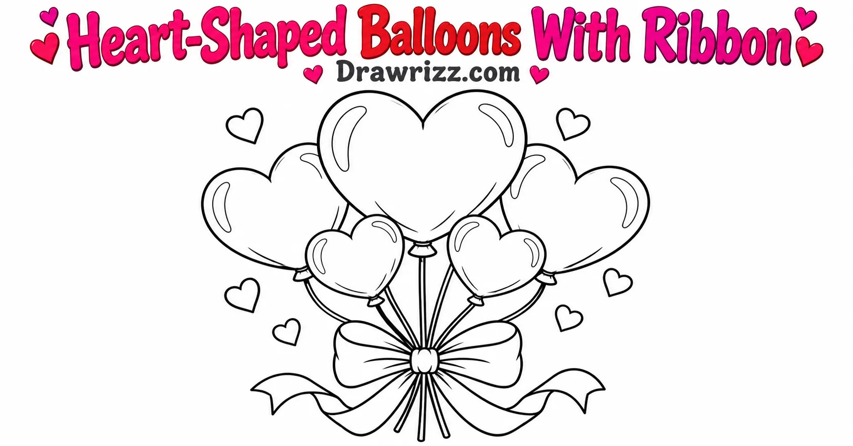 Valentine’s Day Drawing Ideas featuring five heart-shaped balloons tied with a ribbon bow, in cute black-and-white line art.
