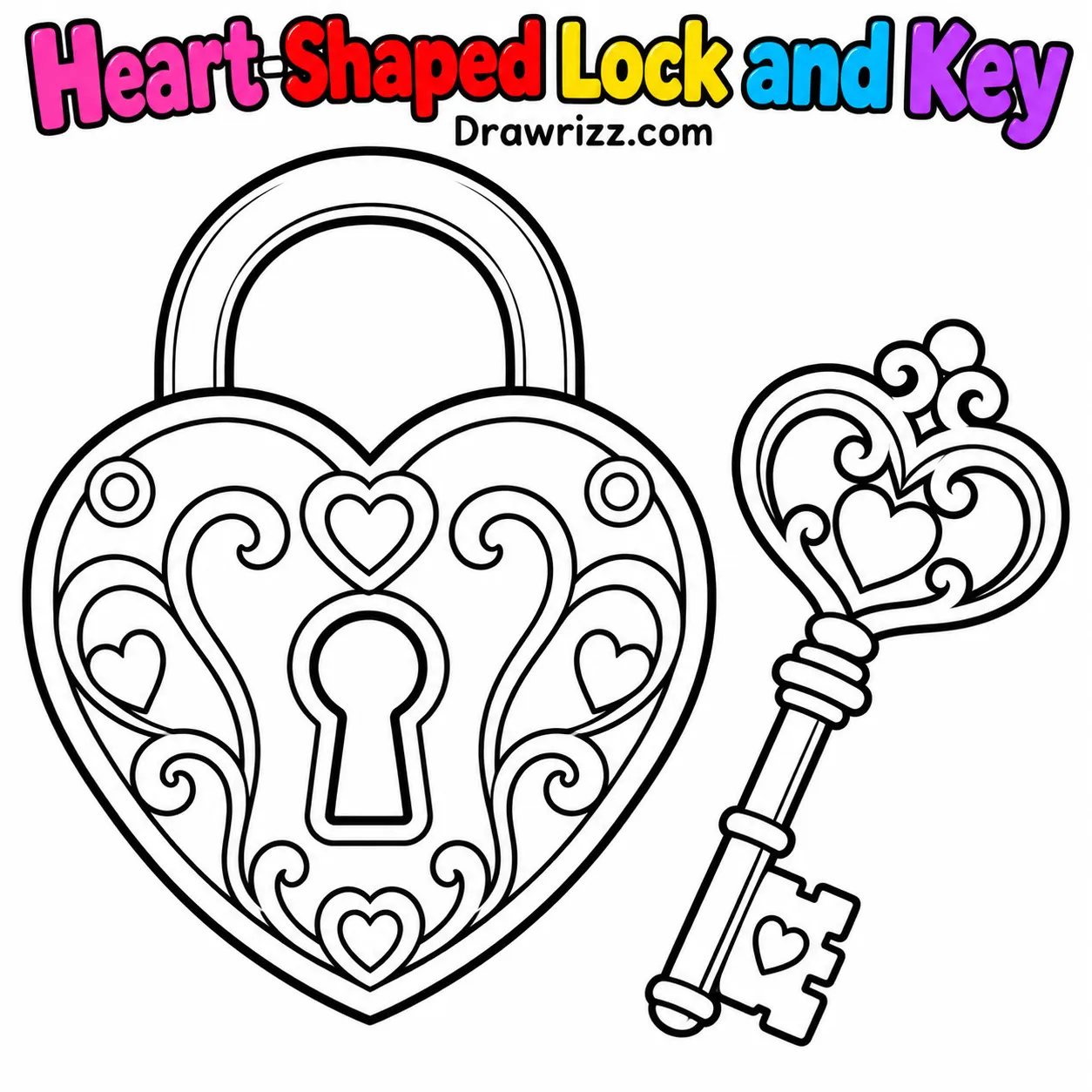 Heart Drawing Ideas featuring a vintage heart-shaped lock and ornate key with detailed outlines for a printable coloring page.