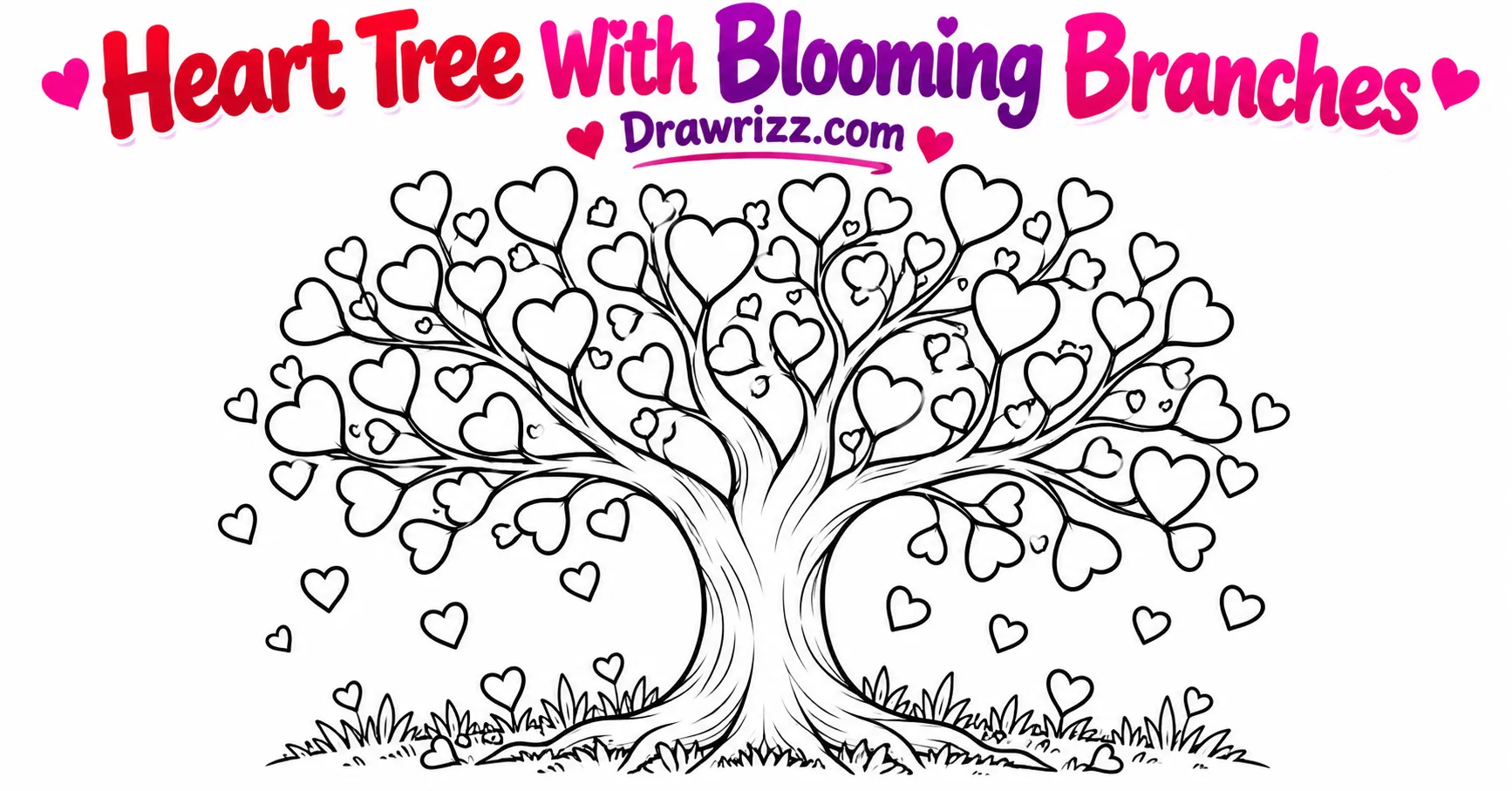 Valentine’s Day Drawing Ideas featuring a beautiful heart tree with blooming branches, heart-shaped leaves and falling hearts to color
