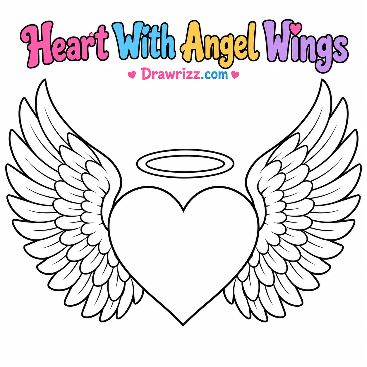 Heart Drawing Ideas featuring a heart with angel wings and halo, printable black and white coloring page with layered feathers.
