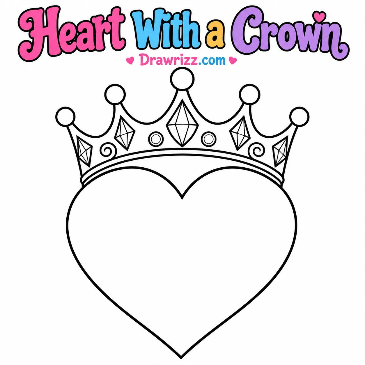 Heart Drawing Ideas featuring a royal heart with jeweled crown, black and white printable coloring page for kids and artists