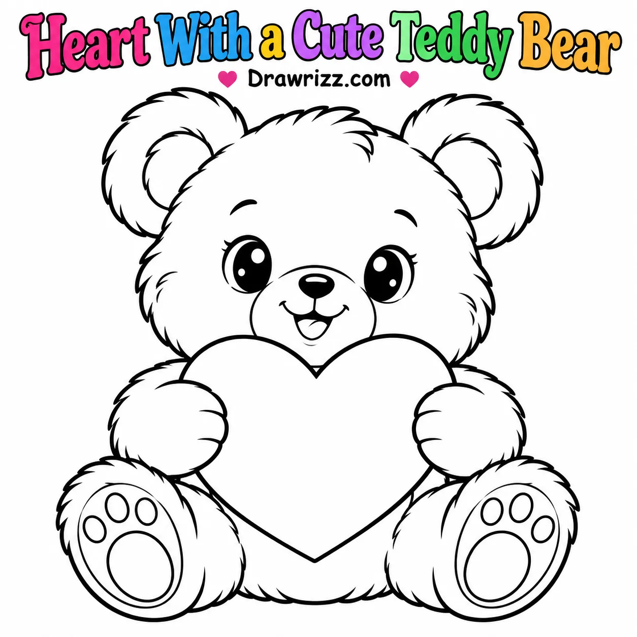Heart Drawing Ideas coloring page featuring a cute teddy bear hugging a large heart, with bold outlines for kids to color easily.