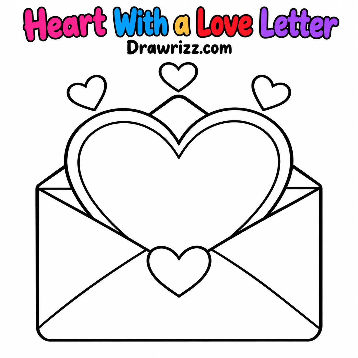 Heart Drawing Ideas featuring an open love letter envelope, a large heart-shaped card, and floating hearts for easy coloring