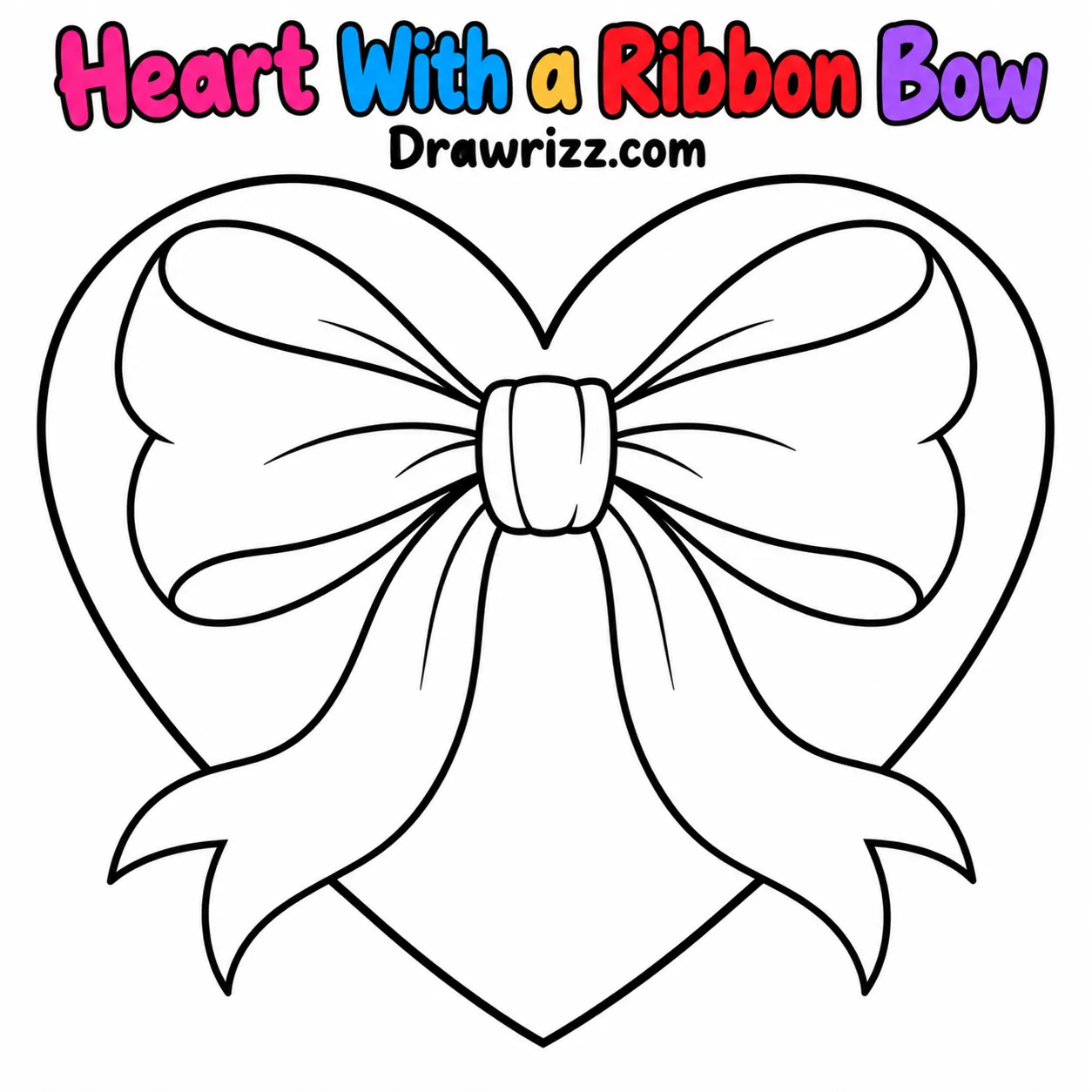 Heart Drawing Ideas featuring a beautiful heart with an oversized ribbon bow, flowing tails, and bold outlines for easy coloring.