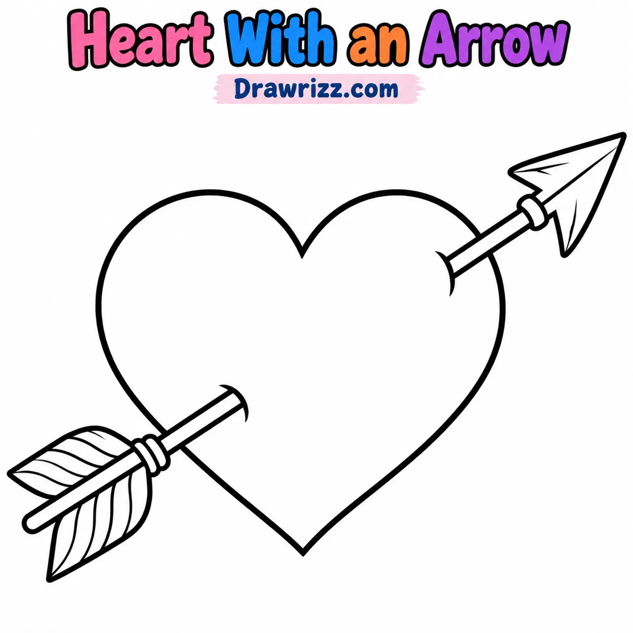 Heart Drawing Ideas featuring a heart pierced by Cupid's arrow, bold black outlines, and printable Valentine's coloring art.!