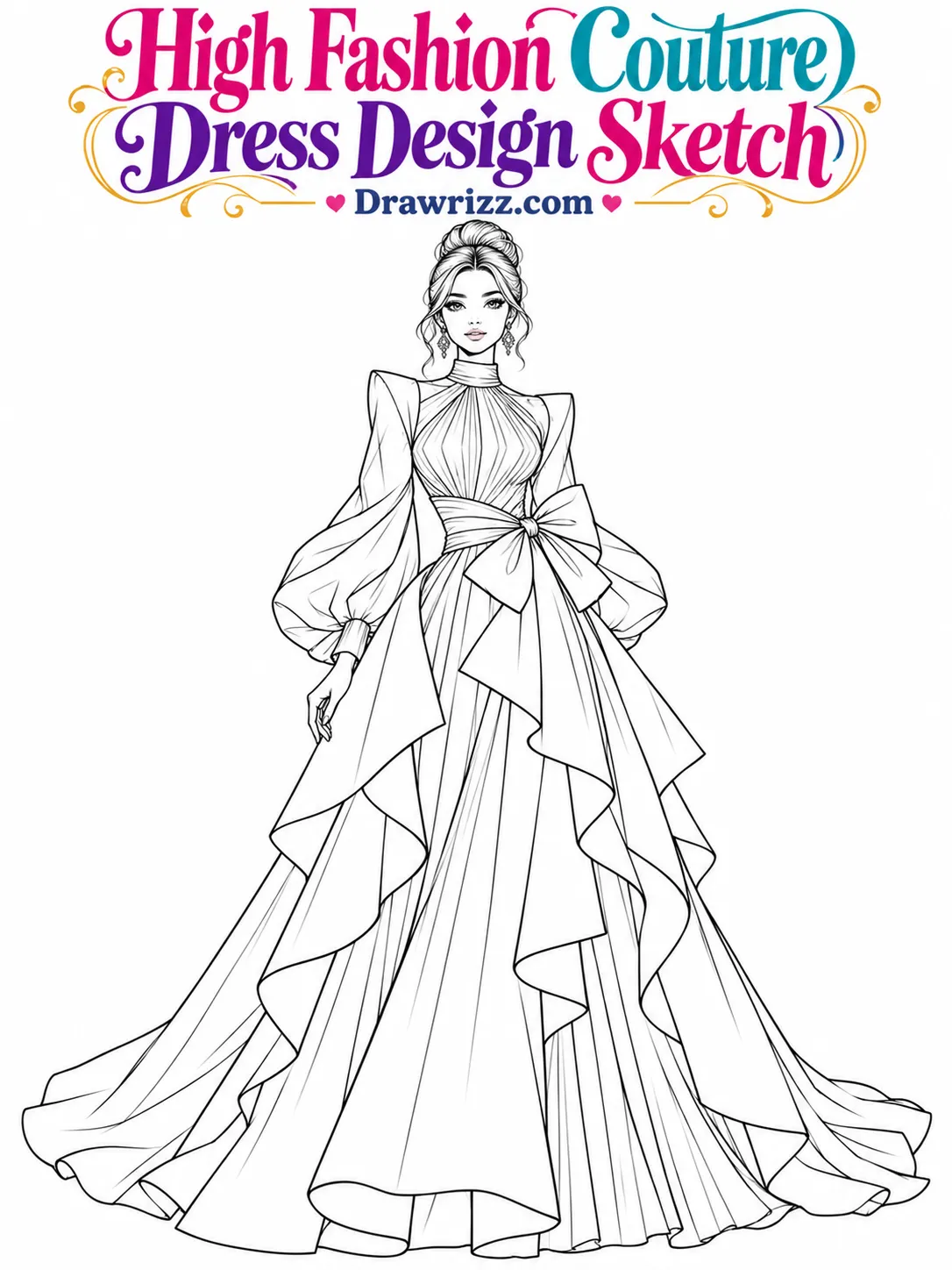 Fashion sketch drawing ideas featuring a couture gown with sculpted sleeves, oversized bow, high neck and layered pleated skirt.