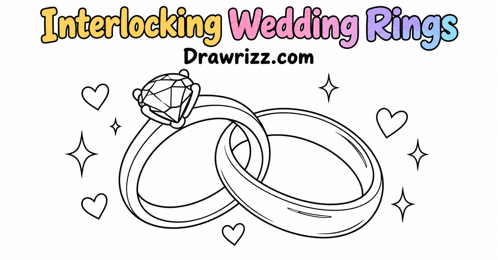 15 Wedding Drawing Ideas for Easy and Romantic Sketches Wedding drawing ideas featuring elegant interlocking rings, a gemstone ring, smooth wedding band, hearts and sparkling accents.