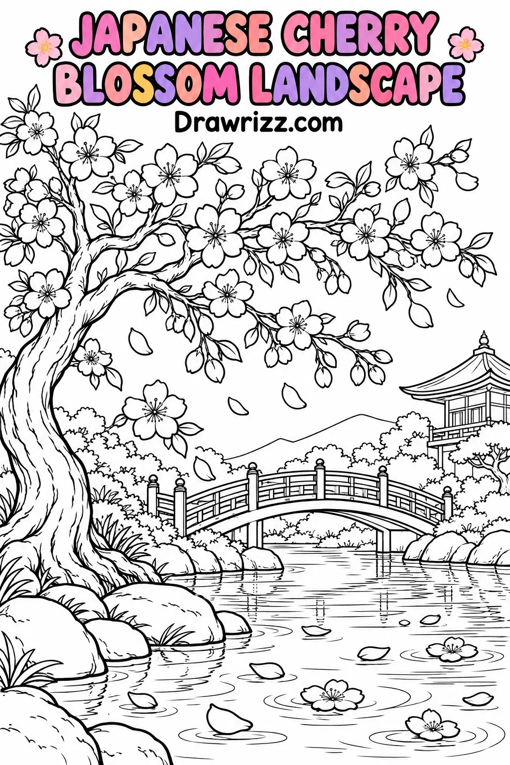 Cherry Blossom Drawing Ideas featuring a Japanese sakura tree, arched bridge and peaceful pond in a printable coloring page!