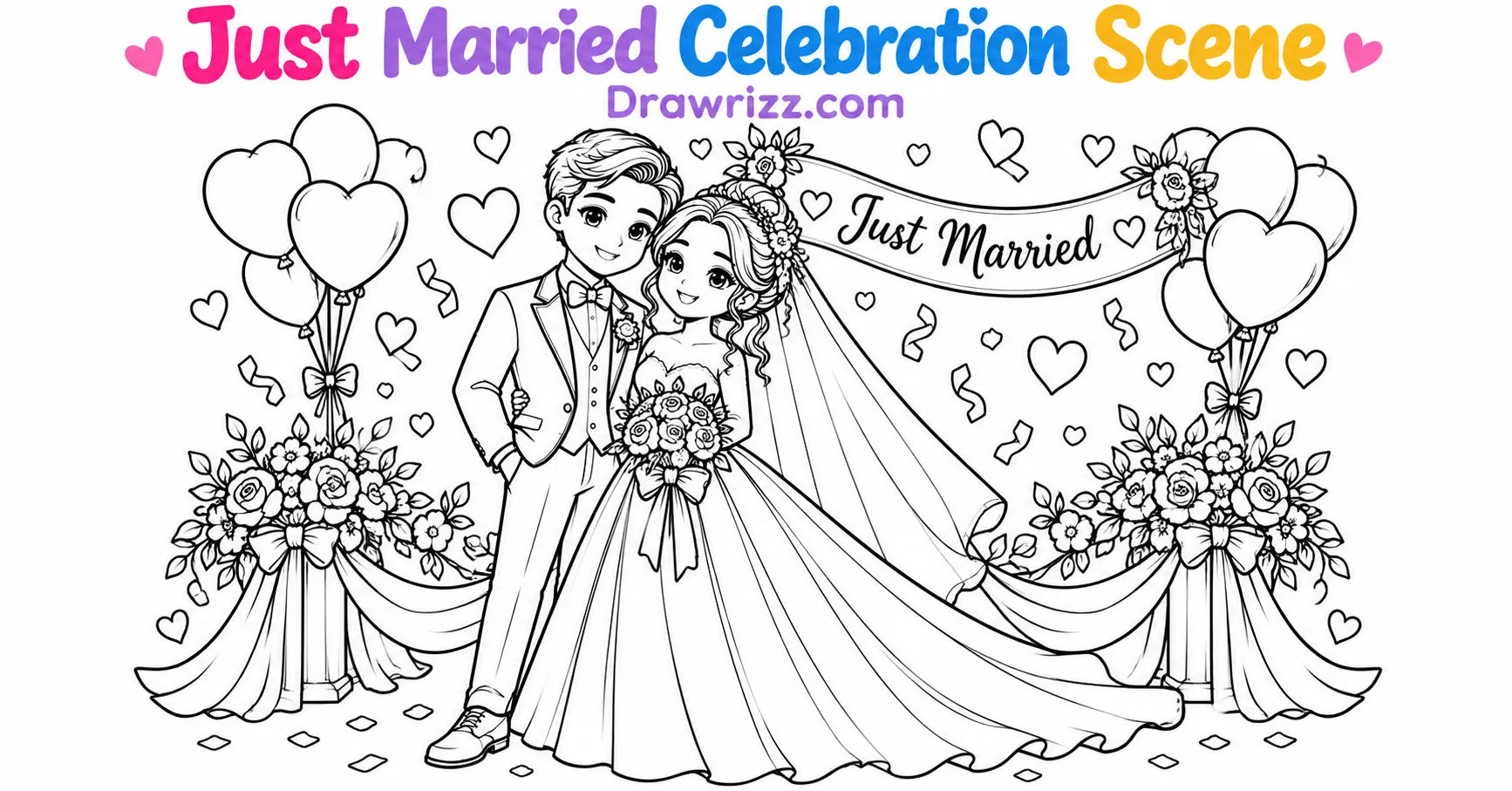 15 Wedding Drawing Ideas for Easy and Romantic Sketches Wedding drawing ideas with a just married bride and groom, balloons, flowers, hearts and confetti in easy black-and-white line art.