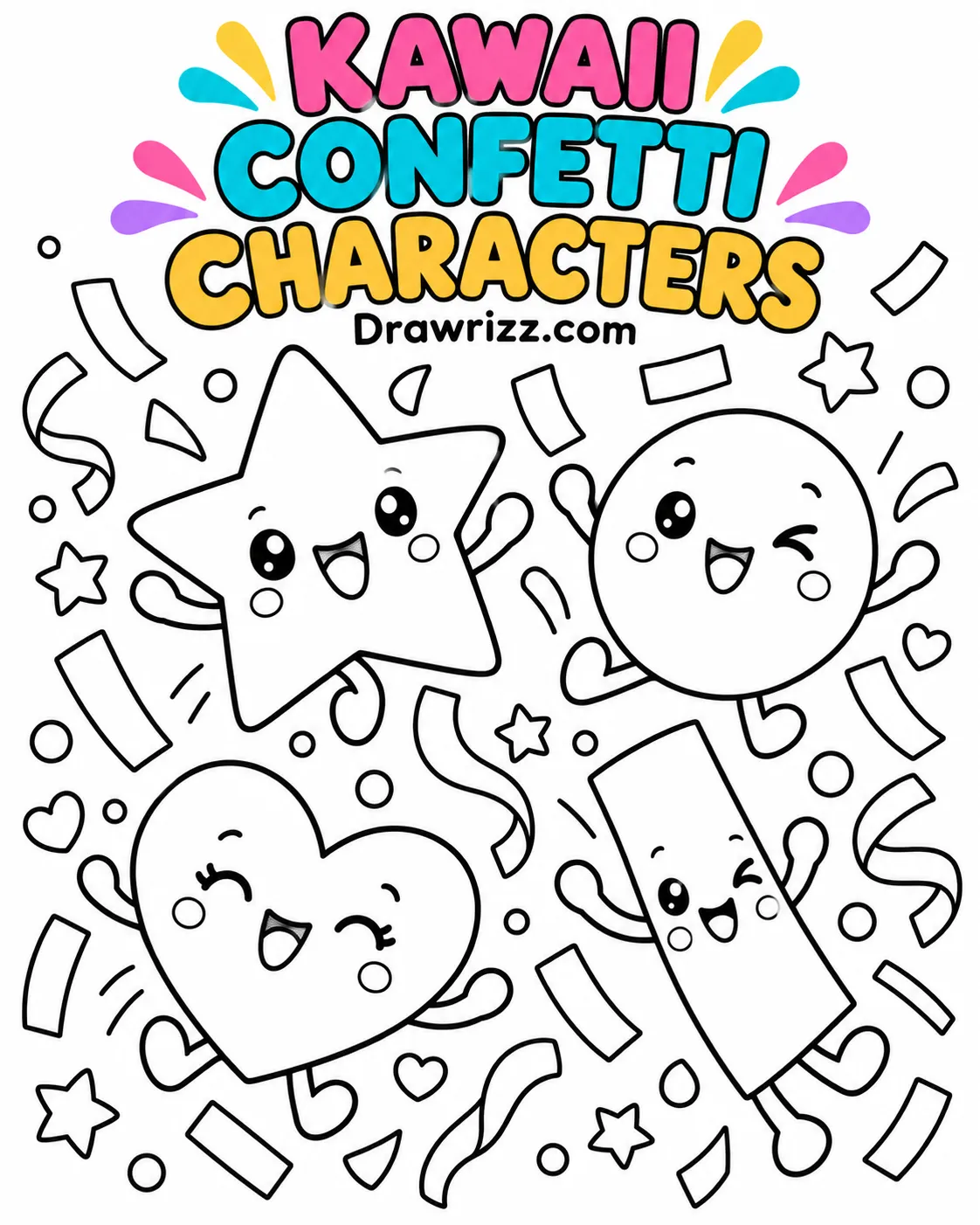 Confetti Drawing Ideas featuring cute kawaii star, circle, heart, and rectangle characters with smiling faces and fun shapes.